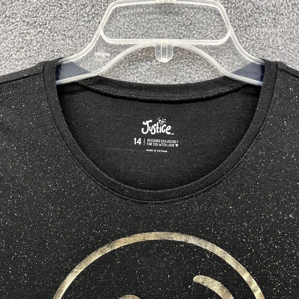 Justice Top Girls 14 Black Gold Smile‎ Face short Sleeve stretch T-Shirt
